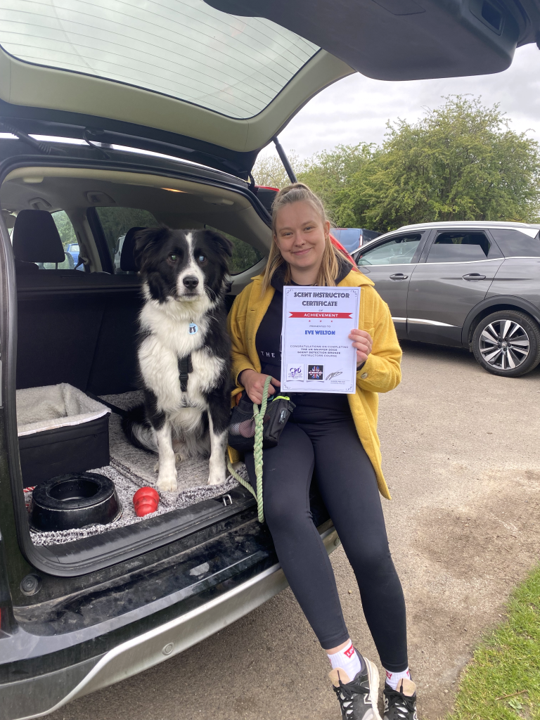 Eve (trainer) and Jake (dog) sitting in the car with their certificate for passing their scent work course. Qualified scent work trainer in nottingham